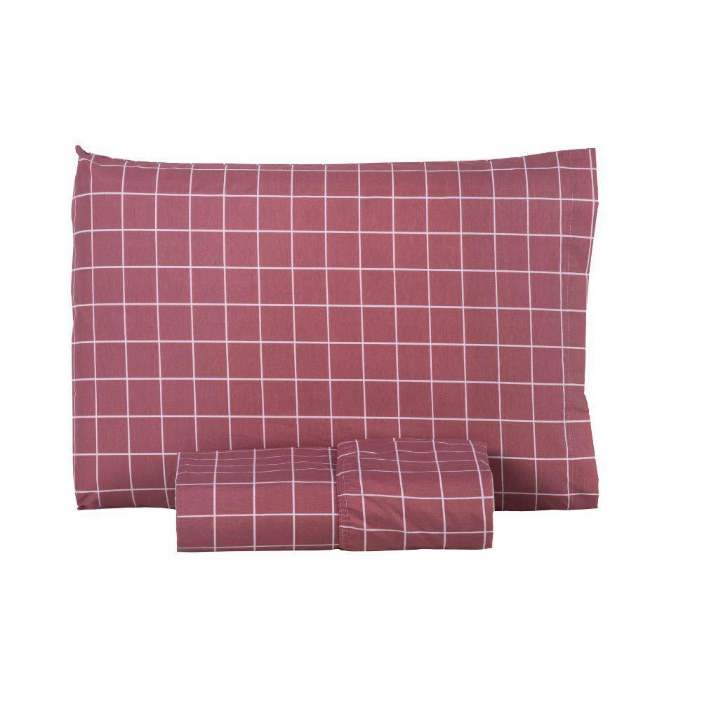 Jogo De Lençol Terry Solteiro 2 Peças Percal 200 Fios Quadriculado - Rosa Escuro - 80% Algodão / 20% Poliéster - 5
