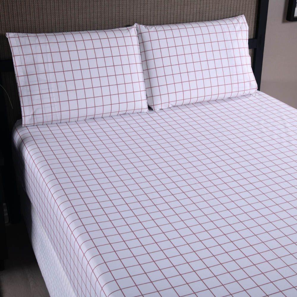 Jogo De Lençol Terry Casal 3 Peças Percal 200 Fios Quadriculado - Rosa Claro - 80% Algodão / 20% Poliéster - 1