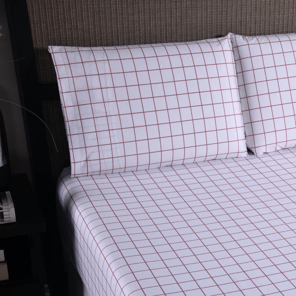 Jogo De Lençol Terry Casal 3 Peças Percal 200 Fios Quadriculado - Rosa Claro - 80% Algodão / 20% Poliéster - 3