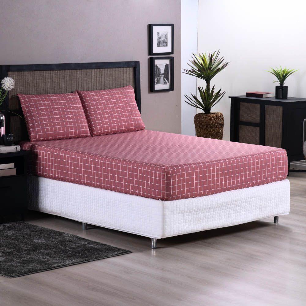 Jogo De Lençol Terry Casal 3 Peças Percal 200 Fios Quadriculado - Rosa Escuro - 80% Algodão / 20% Poliéster - 2