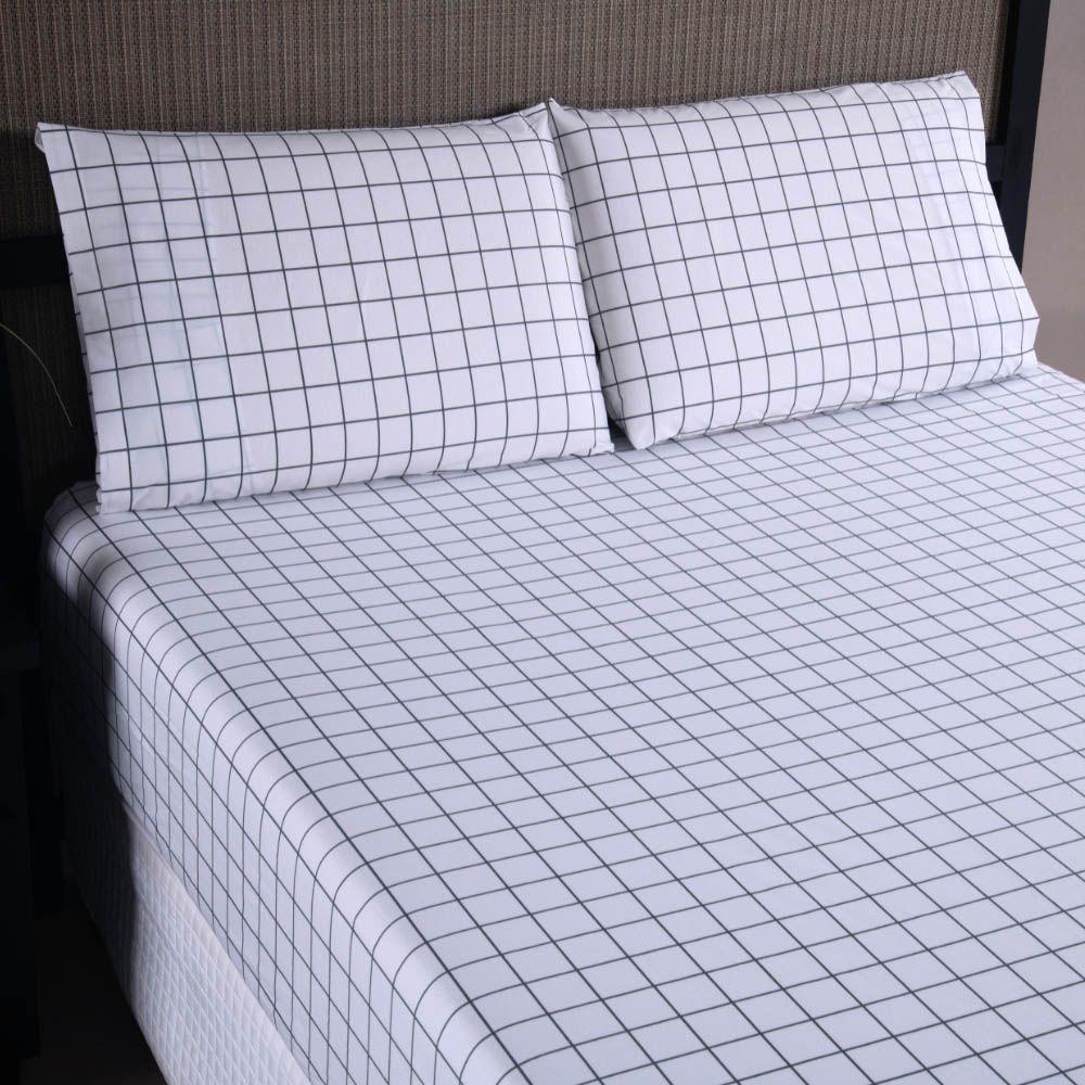 Jogo De Lençol Terry Queen 3 Peças Percal 200 Fios Quadriculado - Cinza - 80% Algodão / 20% Poliéster - 1