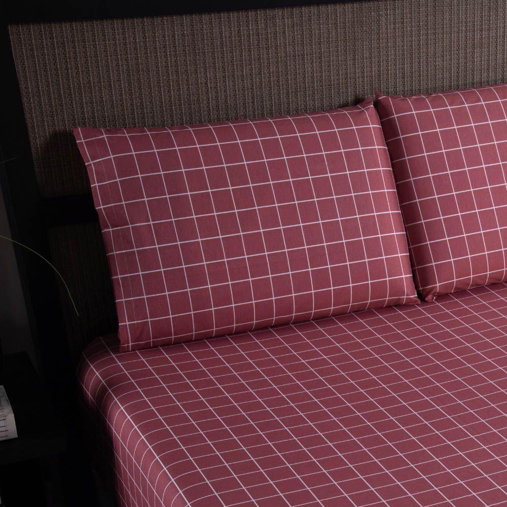 Jogo De Lençol Terry King 3 Peças Percal 200 Fios Quadriculado - Rosa Escuro - 80% Algodão / 20% Poliéster - 3
