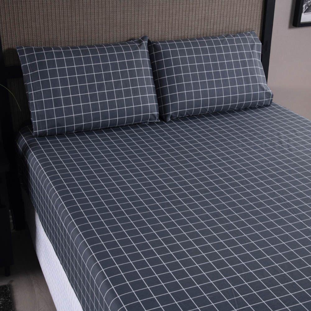 Jogo De Lençol Terry King 3 Peças Percal 200 Fios Quadriculado - Cinza Escuro - 80% Algodão / 20% Poliéster - 1