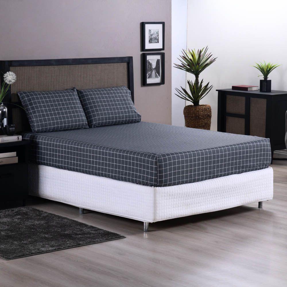 Jogo De Lençol Terry King 3 Peças Percal 200 Fios Quadriculado - Cinza Escuro - 80% Algodão / 20% Poliéster - 2