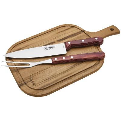 Kit Para Churrasco Tramontina Em Aço Inox E Cabo Vermelho Polywood Com Tábua De Madeira 3 Peças