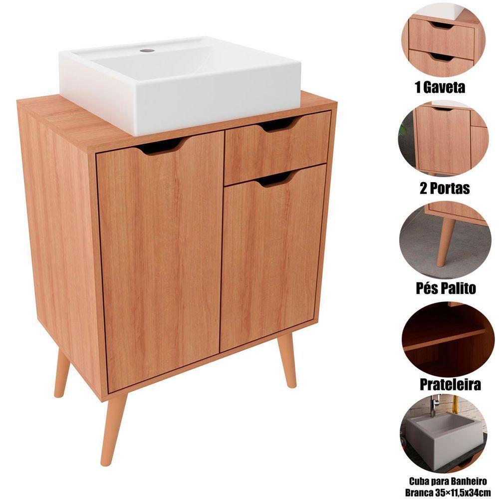Gabinete Para Banheiro 60 Cm 2 Portas Com Cuba Meire Amêndoa - 6