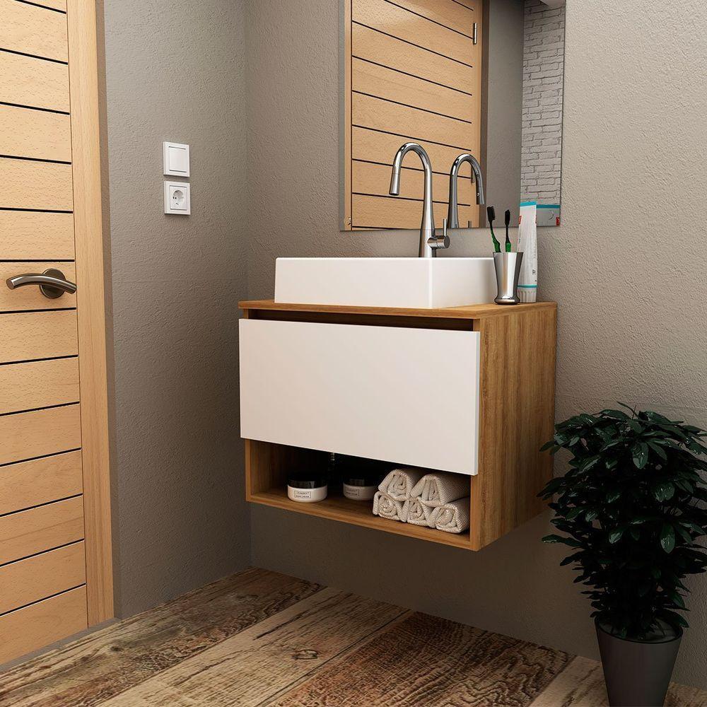 Gabinete De Banheiro 60 Cm 1 Porta Com Cuba Valente Amêndoa/branco - 9