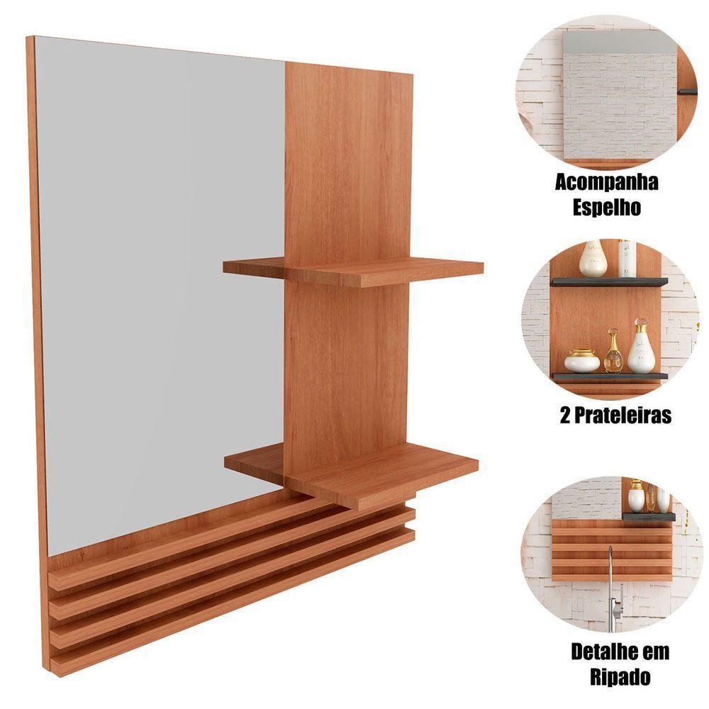 Espelheira Para Banheiro 60 Cm 2 Prateleiras Sâmia Amêndoa - 2