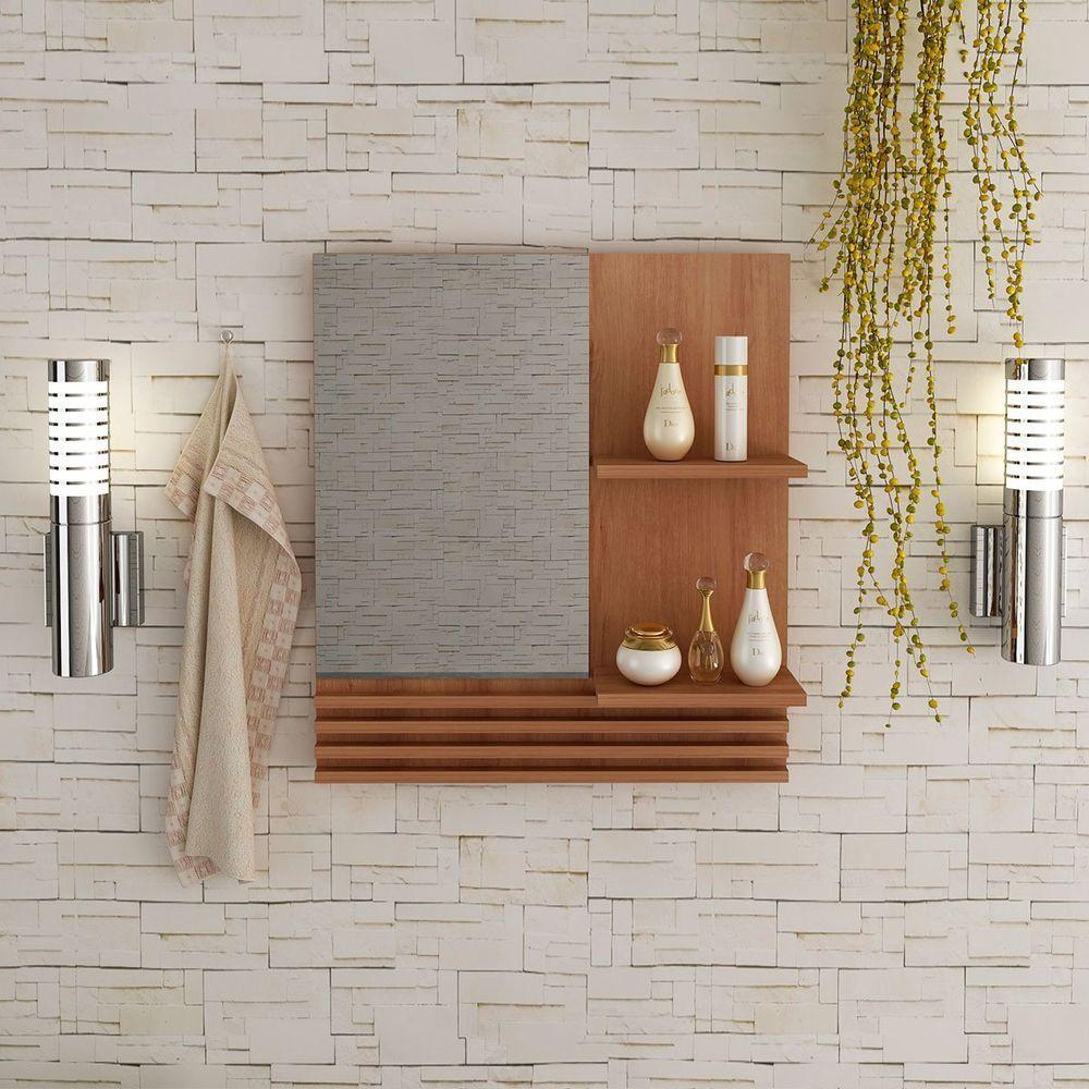 Espelheira Para Banheiro 60 Cm 2 Prateleiras Sâmia Amêndoa - 5