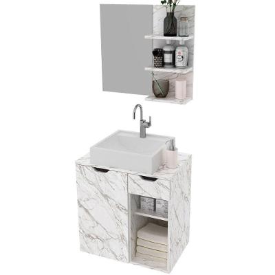 Kit Gabinete E Espelheira De Banheiro 60 Cm Cuba Romana Mármore Branco