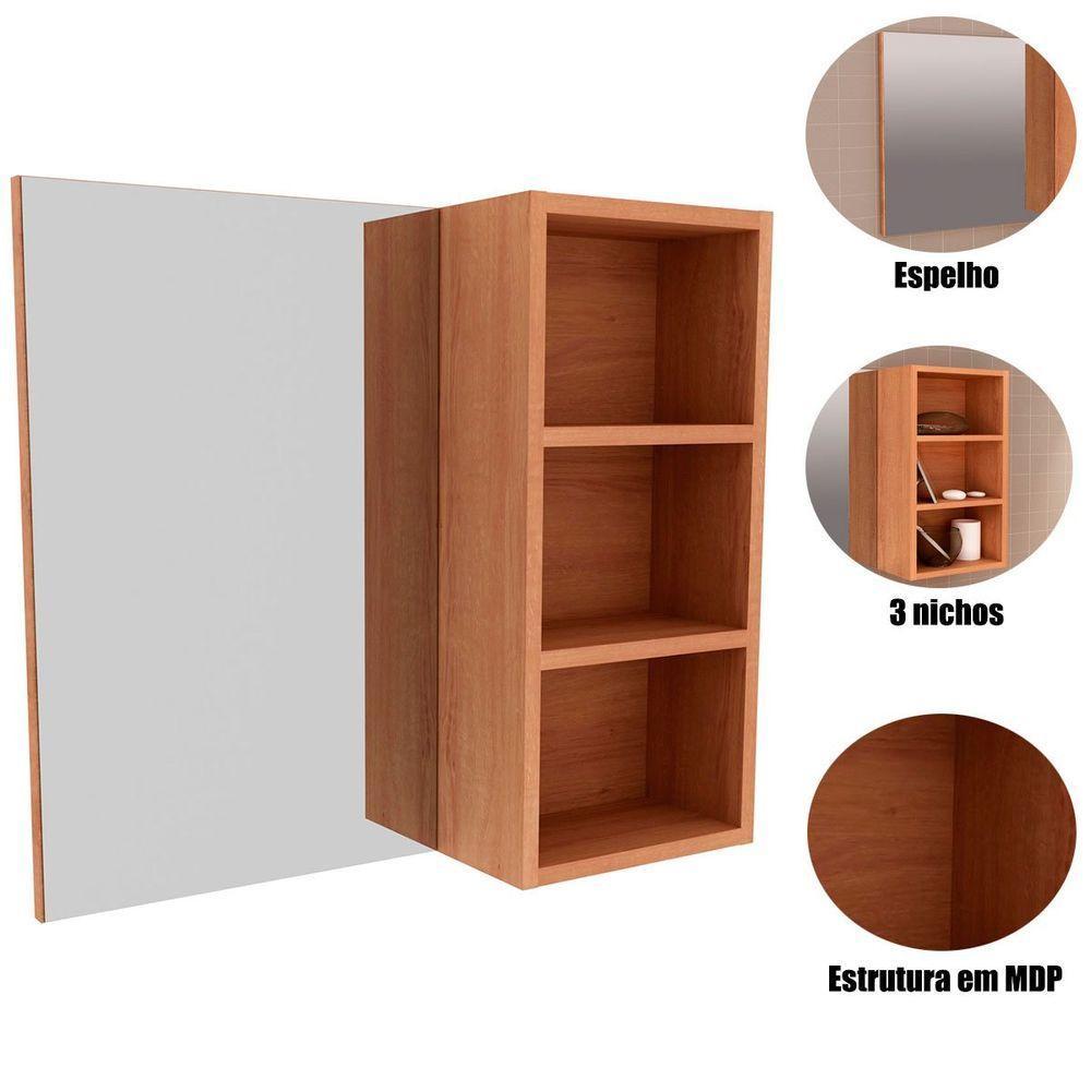 Espelheira Para Banheiro 60 Cm 3 Nichos Valente Amêndoa - 2