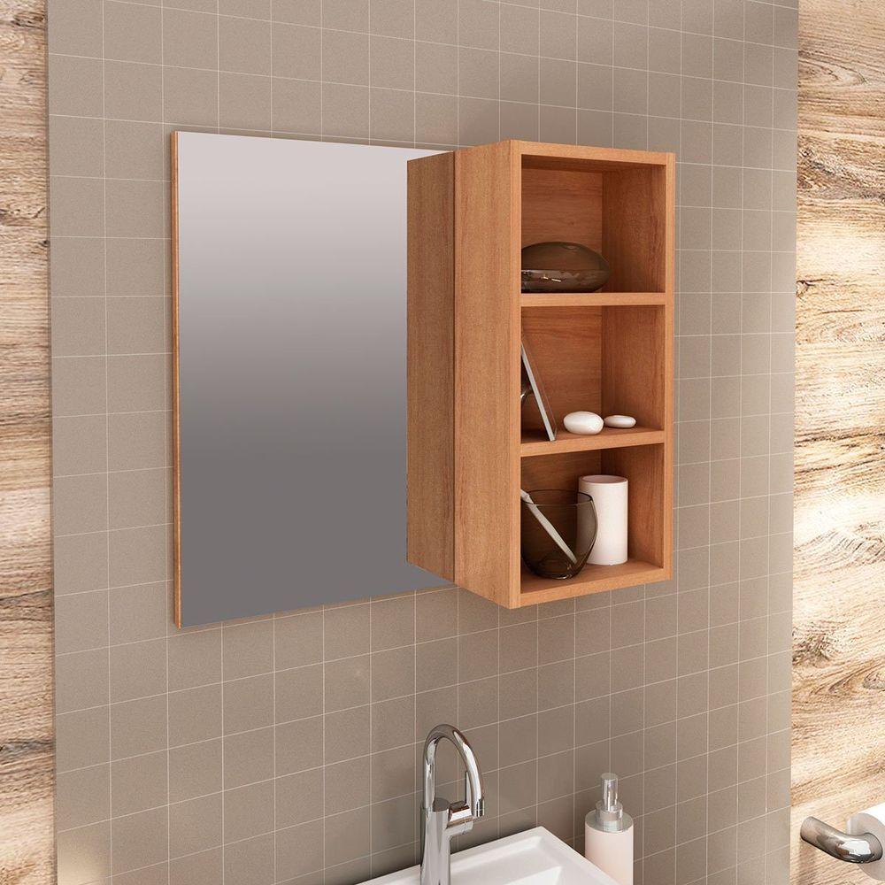 Espelheira Para Banheiro 60 Cm 3 Nichos Valente Amêndoa - 6
