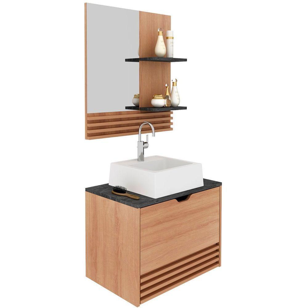 Kit Gabinete E Espelheira De Banheiro 60 Cm Com Cuba Sâmia Amêndoa/mármore Lunar - 1