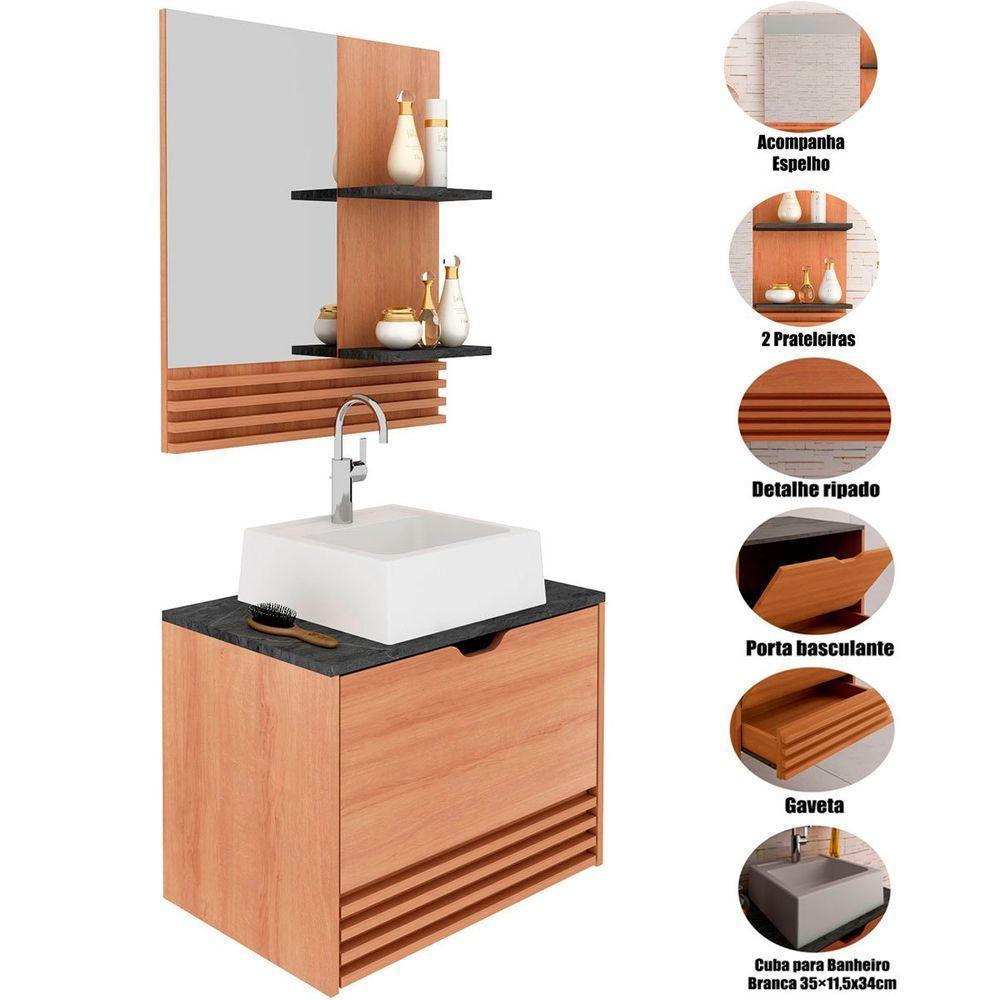 Kit Gabinete E Espelheira De Banheiro 60 Cm Com Cuba Sâmia Amêndoa/mármore Lunar - 2