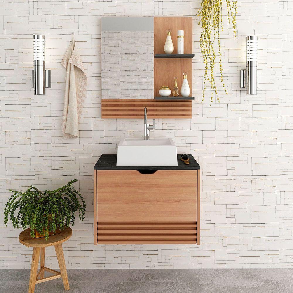 Kit Gabinete E Espelheira De Banheiro 60 Cm Com Cuba Sâmia Amêndoa/mármore Lunar - 7