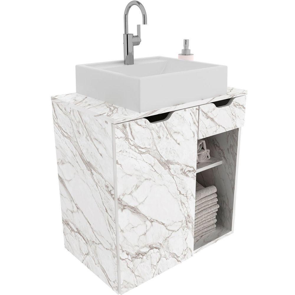 Gabinete De Banheiro 60 Cm 1 Porta Com Cuba Romana Mármore Branco - 1