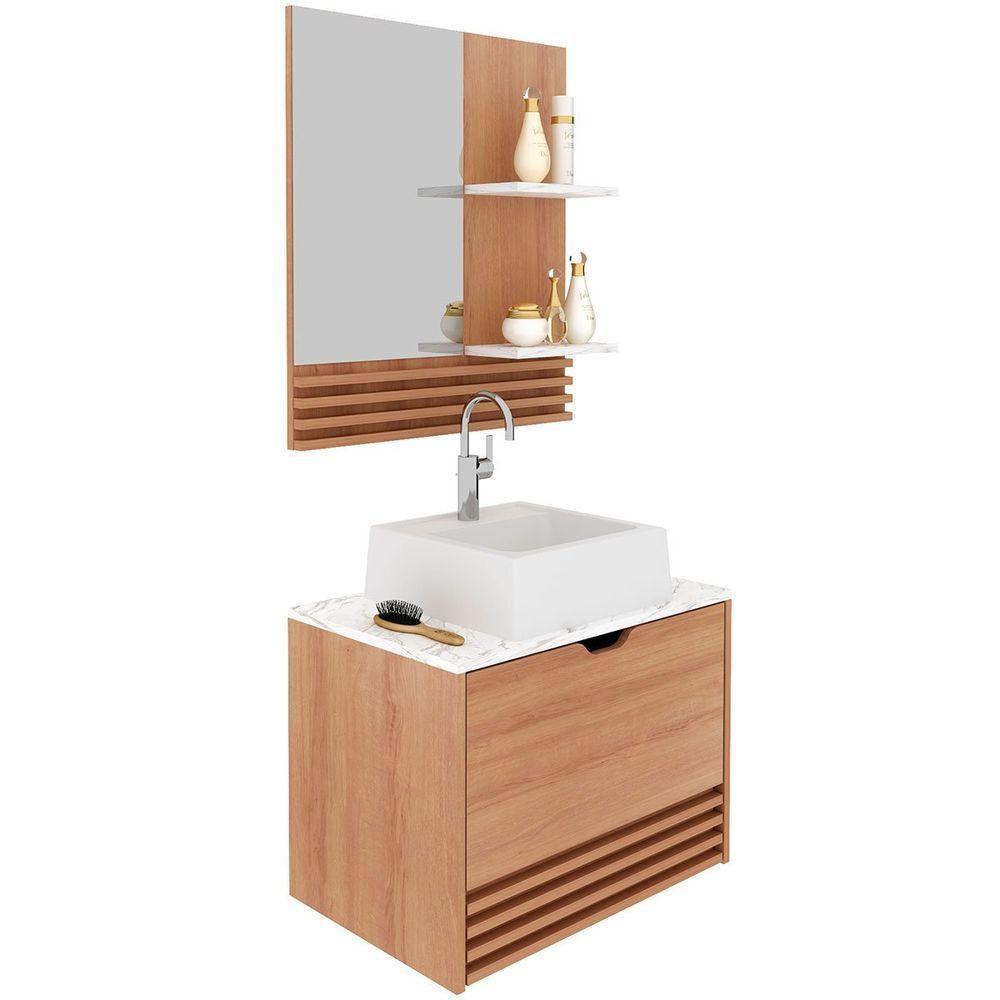 Kit Gabinete E Espelheira De Banheiro 60 Cm Com Cuba Sâmia Amêndoa/mármore Branco - 1