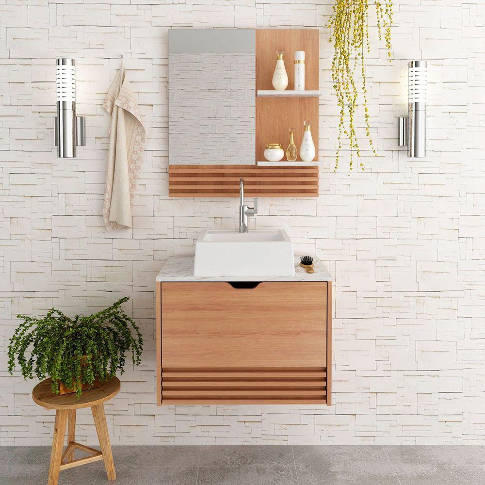 Kit Gabinete E Espelheira De Banheiro 60 Cm Com Cuba Sâmia Amêndoa/mármore Branco - 7