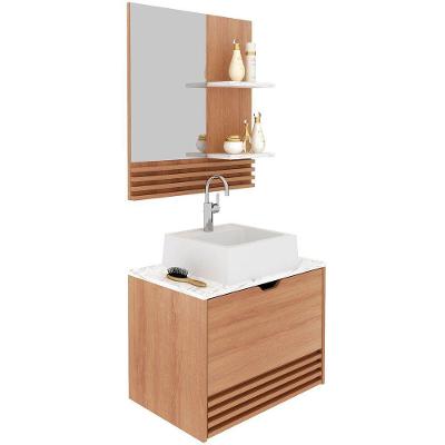 Kit Gabinete E Espelheira De Banheiro 60 Cm Com Cuba Sâmia Amêndoa/mármore Branco