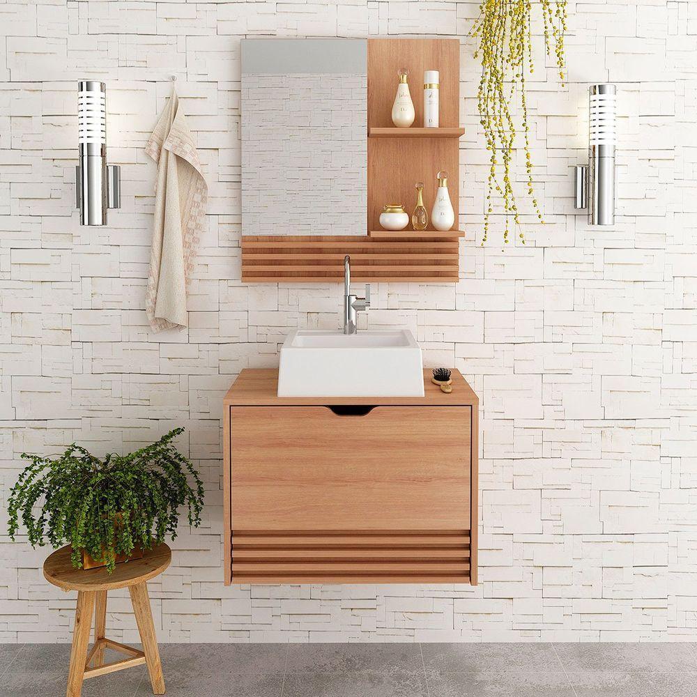 Kit Gabinete E Espelheira De Banheiro 60 Cm Com Cuba Sâmia Amêndoa - 7