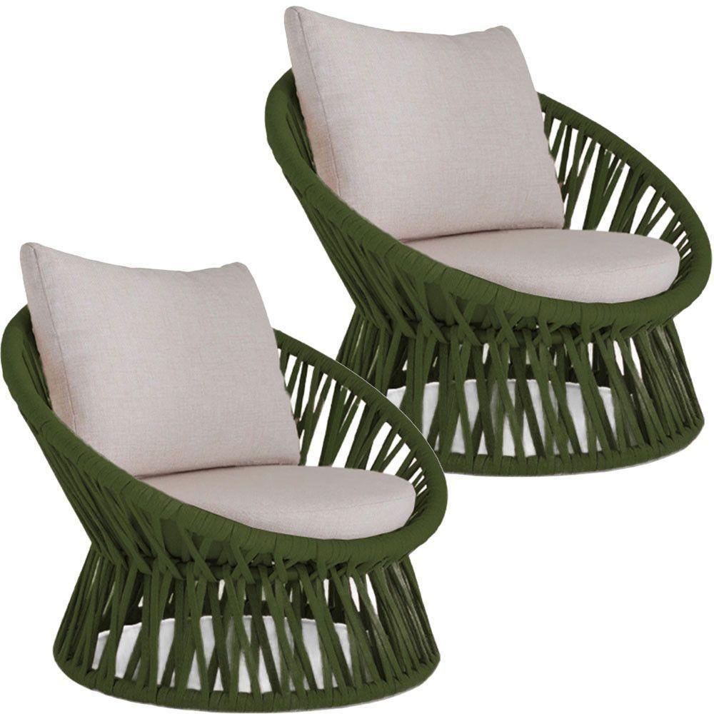 2 Poltrona Área Externa Monza Alumínio Pintura Corda Náutica Verde Musgo - 1
