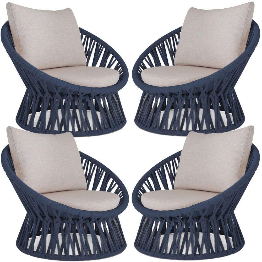 4 Poltrona Área Externa Monza Alumínio Pintura Corda Náutica Azul Marinho - 1