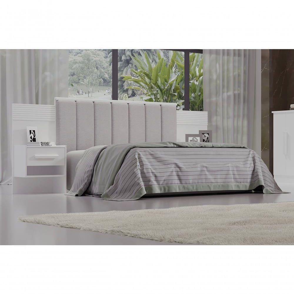 Cabeceira Para Cama De Casal Ripada Irís 140cm Estofada Com 2 Mesas De Cabeceira D Doro Branco/ripado - 1