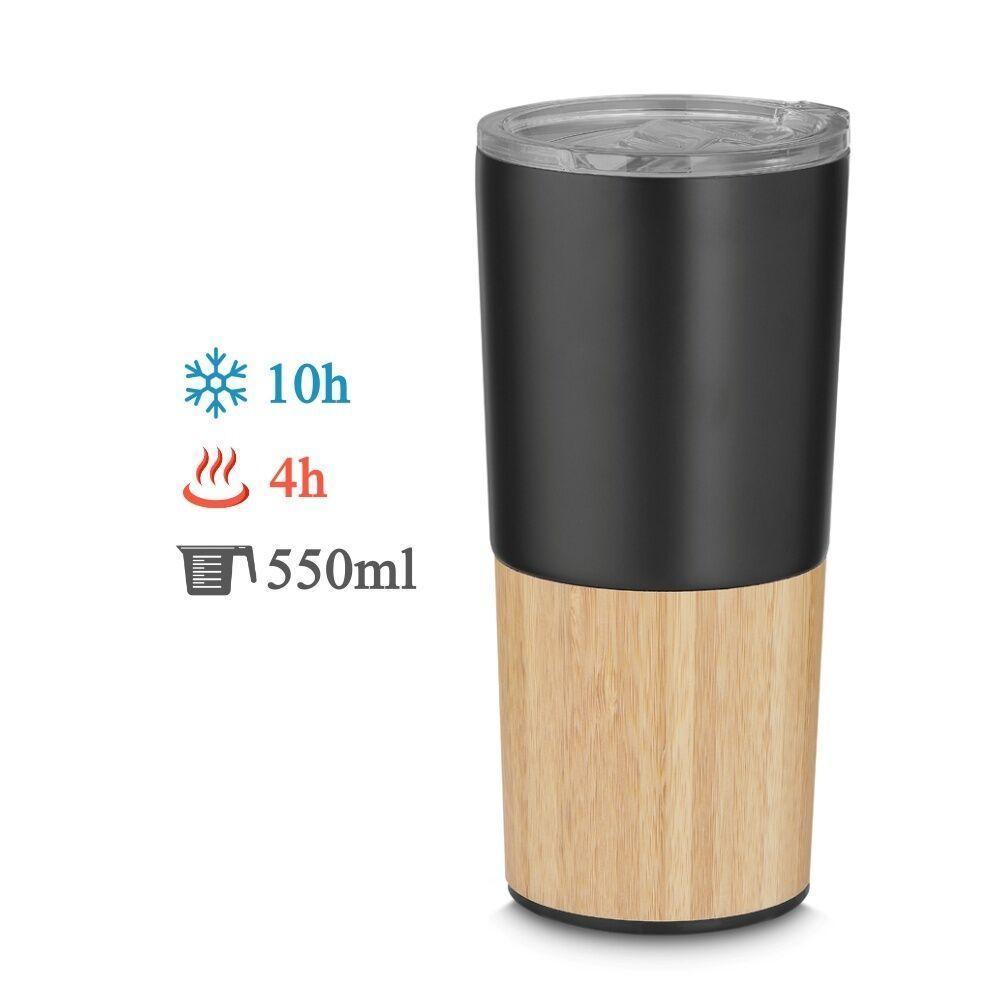 Copo Térmico De Aço Inox Com Acabamento Em Bambu - 550ml - Preto - 2