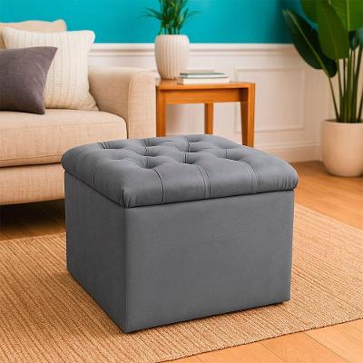 Puff Baú Decorativo 51x51 Suede Cinza - Majú Decor