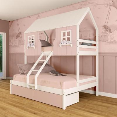 Beliche Casal/ Solteiro Casinha Encantada Com 02 Gavetas Madeira Maciça Rosa/ Branco Megamobilia