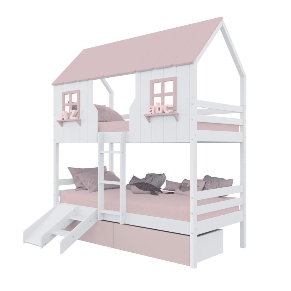 Beliche Casinha Encantada Com 02 Gavetas Kit Escada/ Escorregador Madeira Maciça Branco/ Rosa Megamobilia - 2