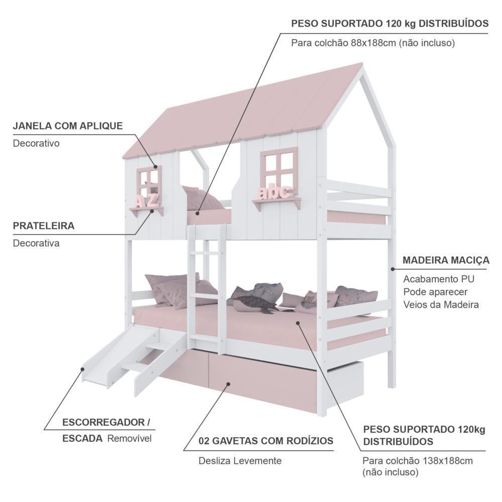 Beliche Casinha Encantada Com 02 Gavetas Kit Escada/ Escorregador Madeira Maciça Branco/ Rosa Megamobilia - 3