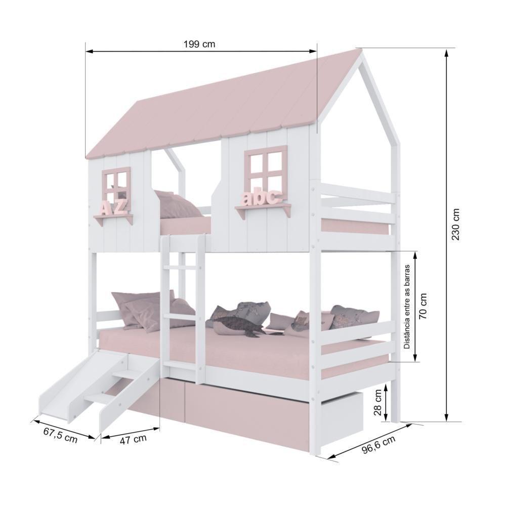 Beliche Casinha Encantada Com 02 Gavetas Kit Escada/ Escorregador Madeira Maciça Branco/ Rosa Megamobilia - 4