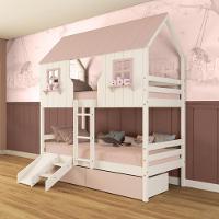 Beliche Casinha Encantada Com 02 Gavetas Kit Escada/ Escorregador Madeira Maciça Branco/ Rosa Megamobilia - 1