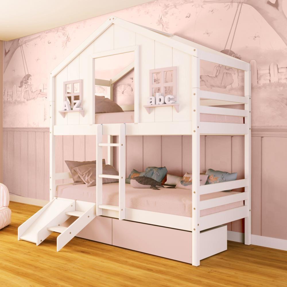 Beliche Casinha Dos Sonhos Com 02 Gavetas Kit Escada/ Escorregador Madeira Maciça Branco/ Rosa Megamobilia - 1
