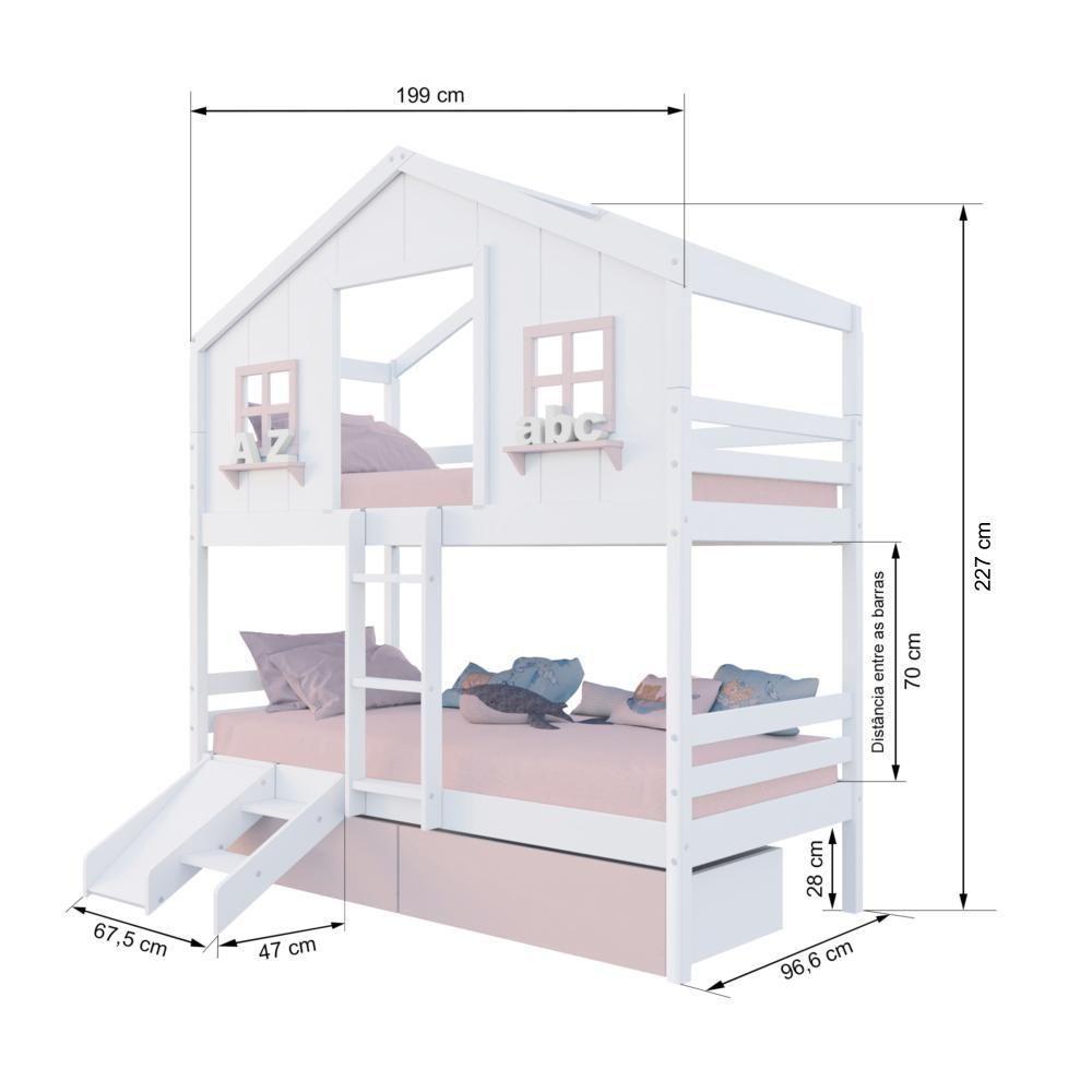 Beliche Casinha Dos Sonhos Com 02 Gavetas Kit Escada/ Escorregador Madeira Maciça Branco/ Rosa Megamobilia - 3