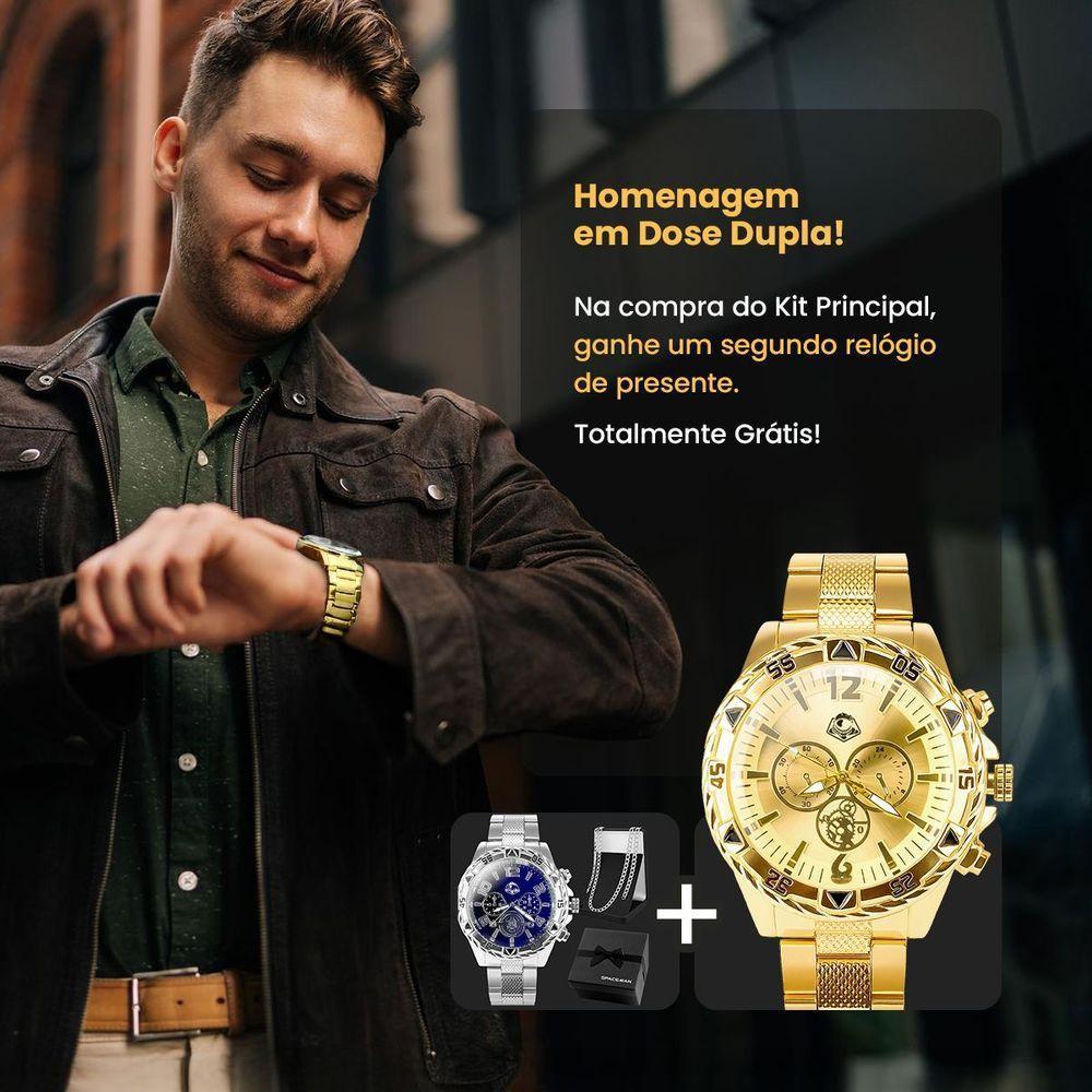 Relogio Prata Masculino Aco Inox + Corrente Oculos Presente Original Robusto Grumet Preto Grande - 2