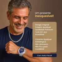 Relogio Prata Masculino Aco Inox + Corrente Oculos Presente Original Robusto Grumet Preto Grande