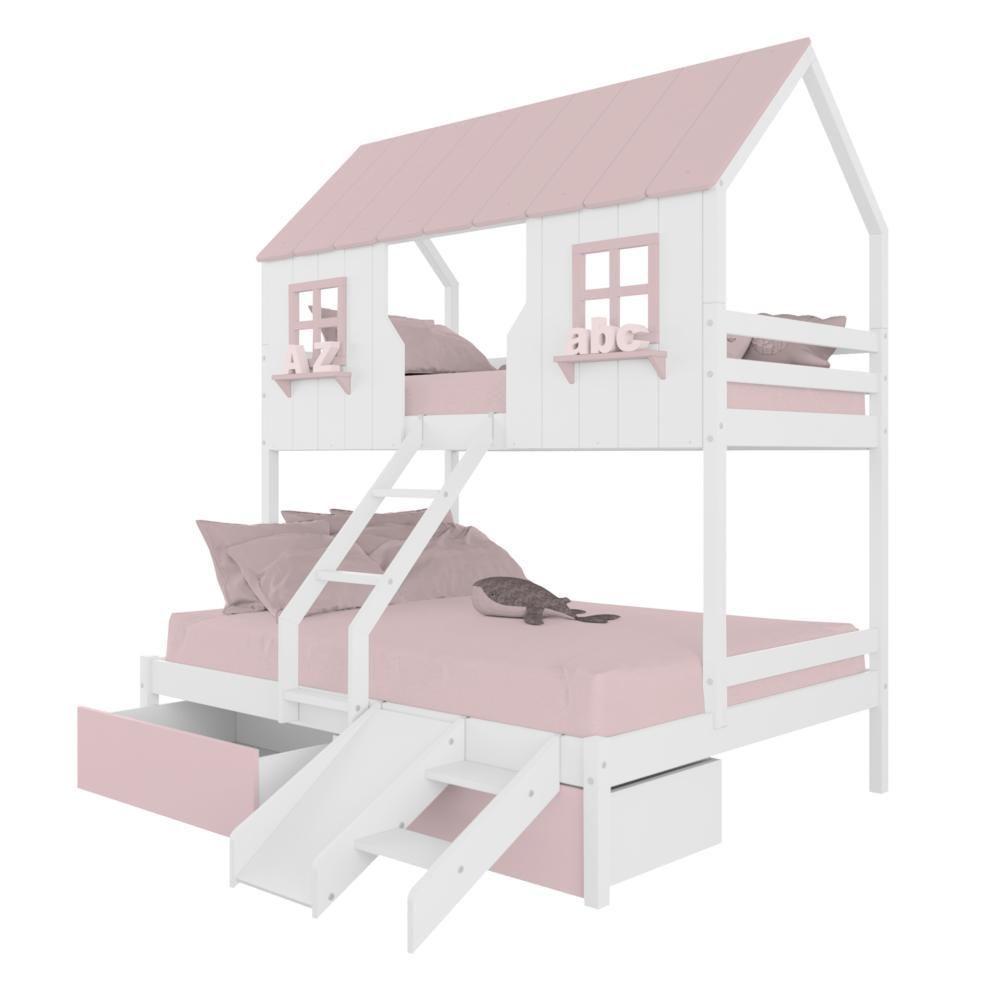 Beliche Casal/ Solteiro Casinha Encantada Com 02 Gavetas Kit Escorregador Madeira Maciça Branco/ Rosa Megamobilia - 3