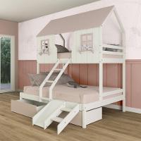 Beliche Casal/ Solteiro Casinha Encantada Com 02 Gavetas Kit Escorregador Madeira Maciça Branco/ Rosa Megamobilia - 1