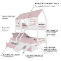 Beliche Casal/ Solteiro Casinha Encantada Com 02 Gavetas Kit Escorregador Madeira Maciça Branco/ Rosa Megamobilia - 4