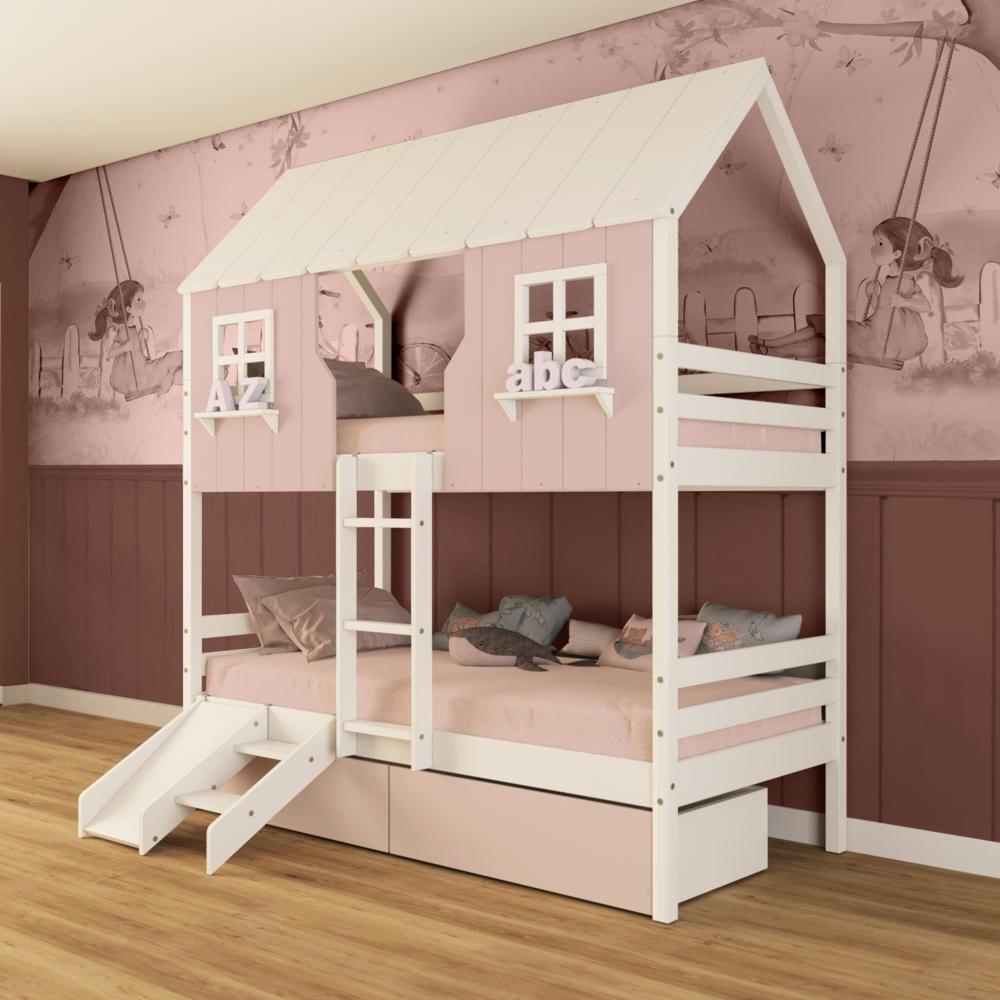 Beliche Casinha Encantada Com 02 Gavetas Kit Escada/ Escorregador Madeira Maciça Rosa/ Branco Megamobilia - 1