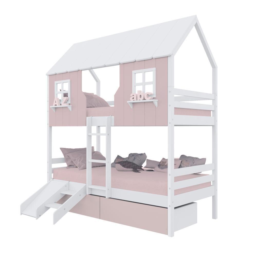 Beliche Casinha Encantada Com 02 Gavetas Kit Escada/ Escorregador Madeira Maciça Rosa/ Branco Megamobilia - 2