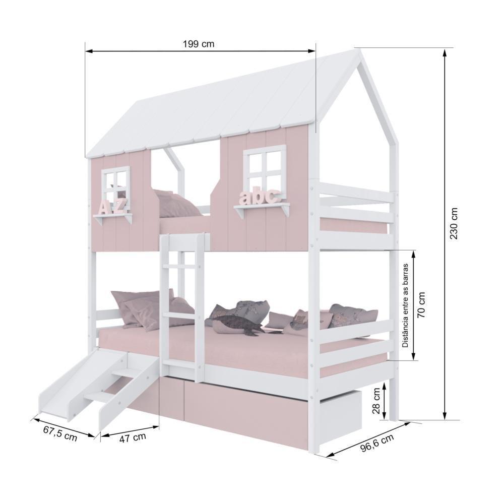 Beliche Casinha Encantada Com 02 Gavetas Kit Escada/ Escorregador Madeira Maciça Rosa/ Branco Megamobilia - 3