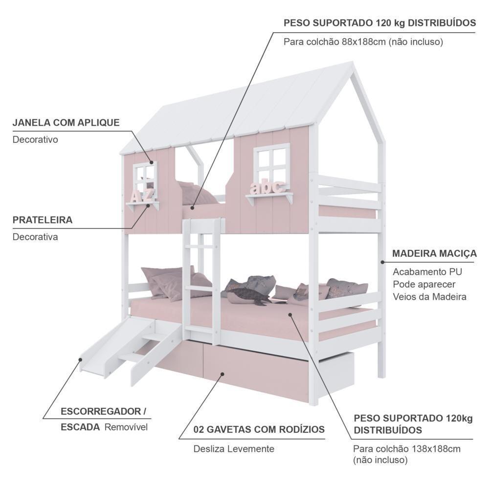 Beliche Casinha Encantada Com 02 Gavetas Kit Escada/ Escorregador Madeira Maciça Rosa/ Branco Megamobilia - 4