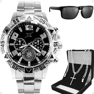 Relogio Masculino Prata + Oculos Sol + Cordão Cruz Crucifixo Ponteiro Robusto Social Prata Presente