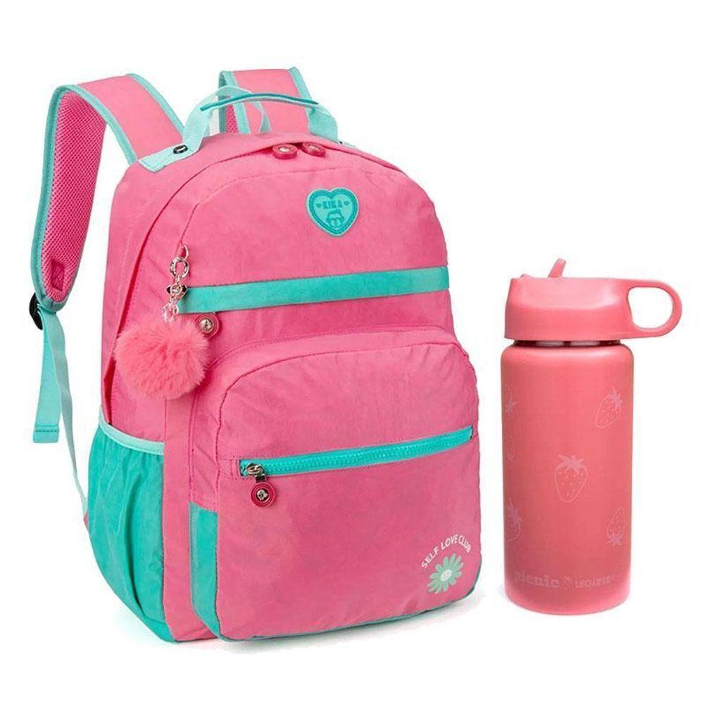Kit Mochila Escolar Infantil Kk24m14pk E Garrafa De água 97827 500ml Rosa - Kika - 1