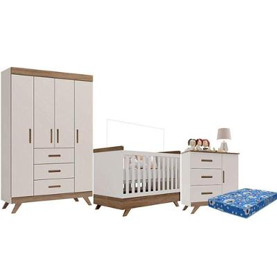 Quarto De Bebê Retrô Maya Com Berço Americano Vitória Off White Carvalho Com Colchão Ortobom ? Carolina