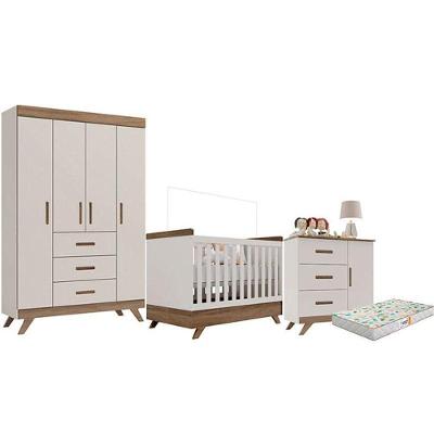 Quarto De Bebê Retrô Maya Com Berço Americano Vitória Off White Carvalho Com Colchão Gazin ? Carolina