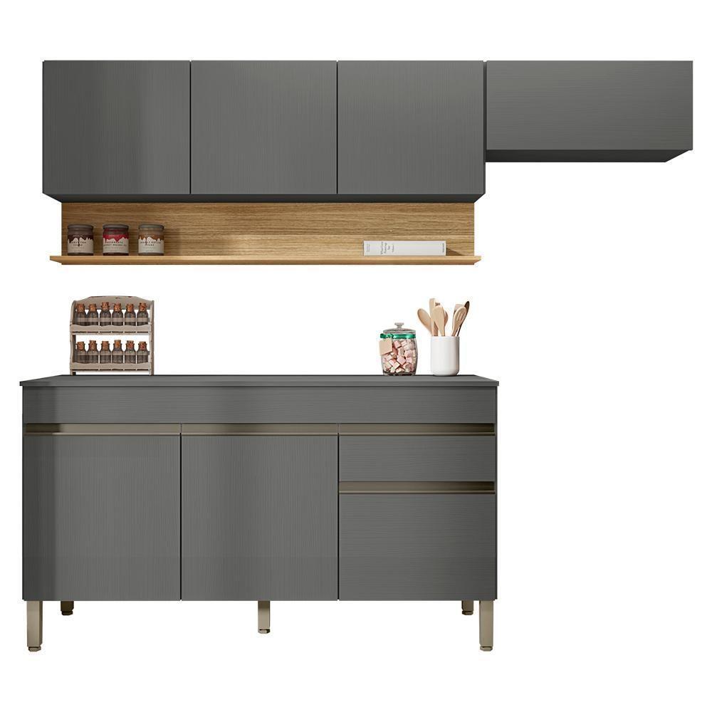 Cozinha Modulada 3 Pecas Com Balcao Tampo Line Gris Cp Freijo Ktp Gris Cp Freijo - 1